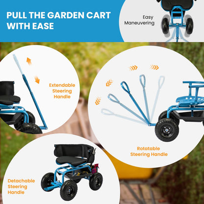 ERGOMASTER Rolling Garden Seat with Wheels, Adjustable 360° Swivel Workseat and Storage Basket, Extendable Handle, Outdoor Gardening Wagon Scooter, Blue