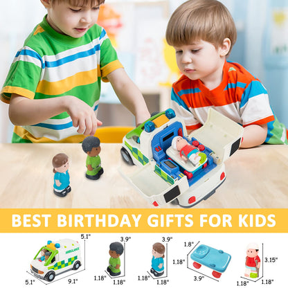 Auspint Ambulance Toy Powered Vehicle with Lights and Sounds, Rescue Role Play Set, Ambulance Set, Play and Learn Toddler Toys for 1 2 3 Year Old Boys Children Toy Truck Party Birthday Gift