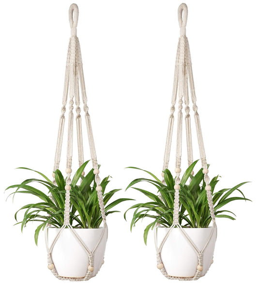 Mkono Macrame Plant Hanger Indoor Hanging Planter Basket with Wood Beads Decorative Flower Pot Holder No Tassels for Indoor Outdoor Boho Home Decor 35 Inch, Ivory, Set of 2 (POTS NOT Included)