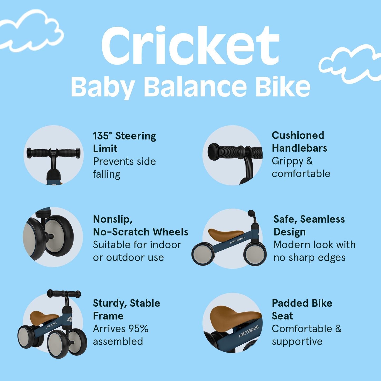 Retrospec Cricket Baby Balance Bike, 4-Wheel Ride-On Toy for Ages 12-24 Months – First Bike & Toddler Bike for 1 Year Old Boys & Girls, First Birthday Gift