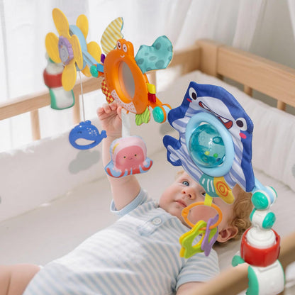 UTOPLIKEY Adjustable Baby Stroller Arch Toy, Car Seat Toys for Infants 6-12 Months Bassinet Hanging Toy Bar Attachment with Mirror & Sound, Crib Comfort Gift for Birthday, Baby Shower