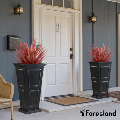 26" Tall Metallic Planter Set of 2, Black Taper Planters with Removable Partition Drainage Holes, Large Outdoor Planter for Front Porch, Garden, Patio, Balcony, Classic Estate Design, All-Weather Use