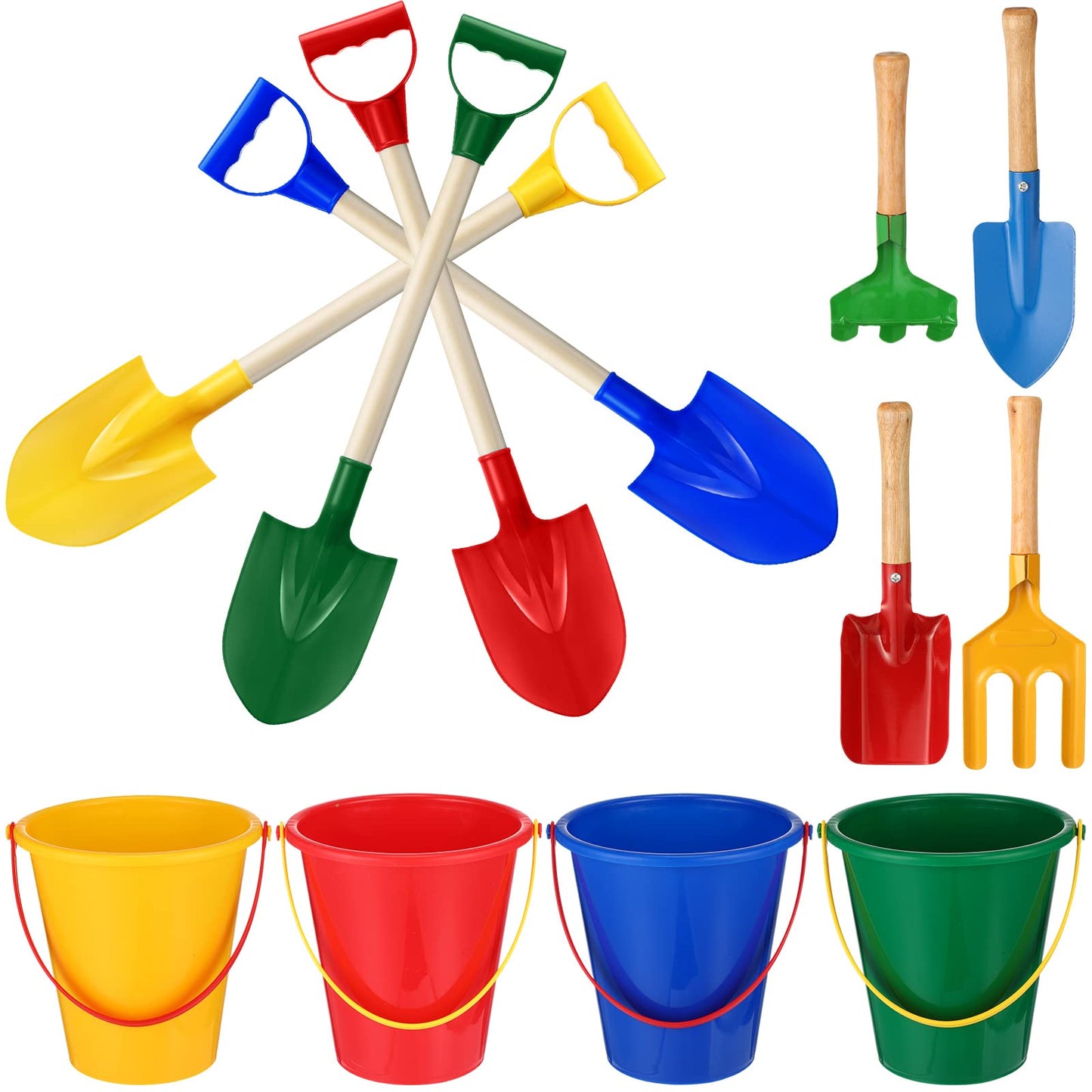 Jexine 12 Pcs Sand Buckets and Shovels for Kids Beach Sand Toys Bulk 12 Plastic Beach Buckets and 12 22 Inches Gardening Shovel with Wooden Handle Summer Toys for Boys and Girls, 4 Colors
