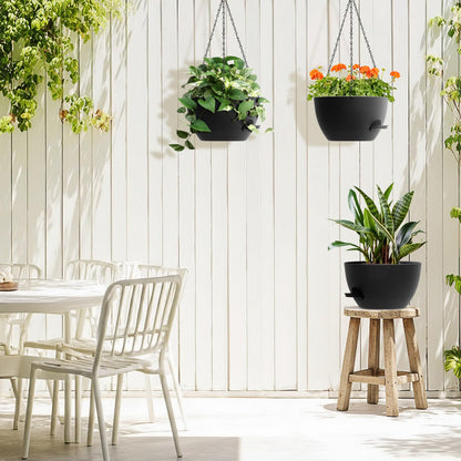 AHJZO 3 Pack 10 Hanging Flower Pots with Chains Self Watering Plastic Planters for Indoor Outdoor Plants, Sturdy Triangular Iron Chain Design for Garden PorchPlastic Hanging Flower pots (3, Black)