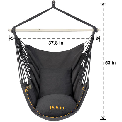 Y- STOP Hammock Chair Hanging Rope Swing Chair, Max 500 Lbs, 2 Seat Cushions Included, Removable Steel Spreader Bar with Anti-Slip Rings, Hardware kit-for Indoor Outdoor(Dark Grey) pcs