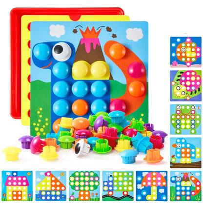 Geekper 68PCS Button Art Toys for Toddlers Color Matching Mosaic Pegboard, Early Learning Educational Toys for 3, 4, 5, 6 Year Old Kids Boys and Girls Easter Gifts, 10 Pictures and 58 Buttons