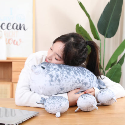 SQEQE Chubby Seal Pillow Plush with 4 Baby Seal Plushies in Her Tummy, Stuffed Cotton Plush Animal Toy for Kids and Adult Gift