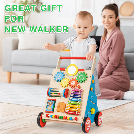 HUZU Wooden Baby Walker with Wheels, Montessori Push and Pull Activity Center for Toddlers, Adjustable Height & Speed, Learning Toy for 6-12 Months 1-3 Years Old Boys and Girls (Rainbow)