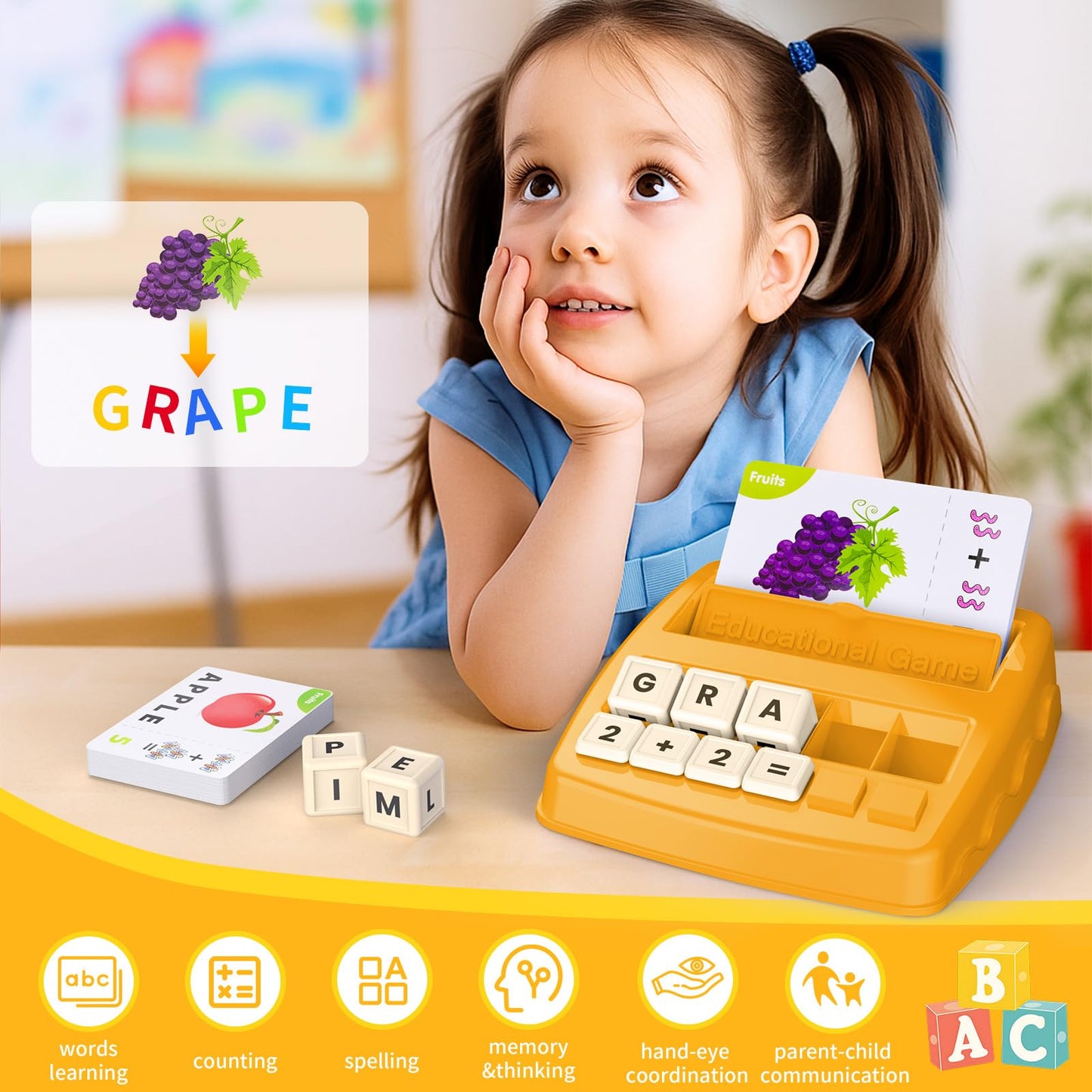DEGIDEGI Educational Toys for Kids Ages 3-8, Matching Letter Spelling Game ABC Math Learning, Xmas Birthday Party Gifts for 3 4 5 6 7 8 Year Olds Boys and Girls Yellow