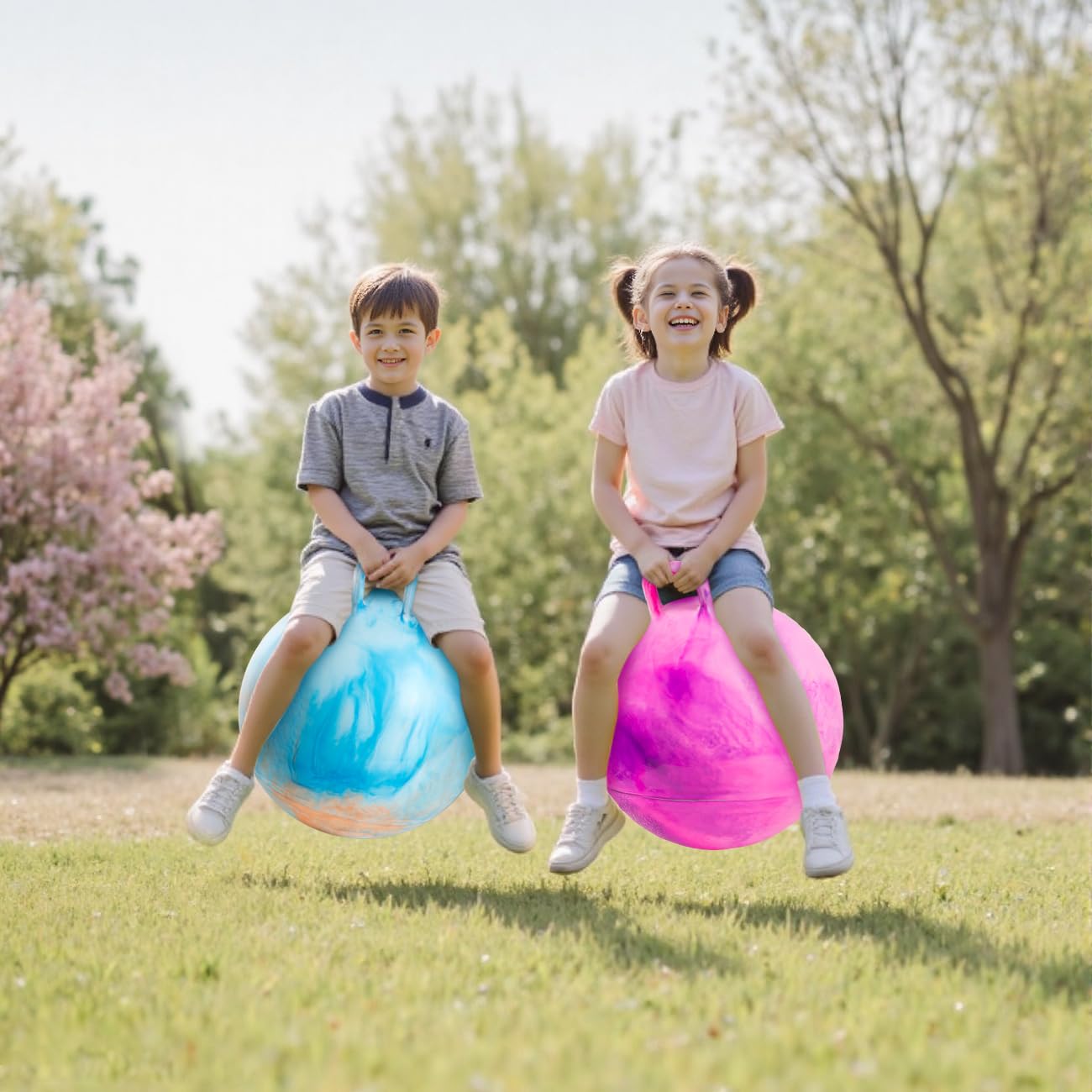 Upper Rider 2 Pcs 18 Inch Hopper Ball for Kids 3-8, Bouncy Balls with Handle for Toddlers, Inflatable Hippity Hop Jumping Balls, Sit On Hopping Toys with Pump for Girls Boys, Blue Pink