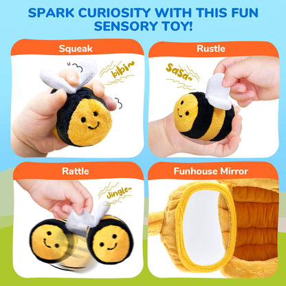 JoyCat Baby Toys 6-12 Months, Soft Baby Beehive with 5 Sensory Bees - Rattle, Crinkle Paper, Squeaker, Mirror + Sensory Owl Stuffed Animal, Soft Tummy Time Toy for Infant with Textured Crinkle Mirror