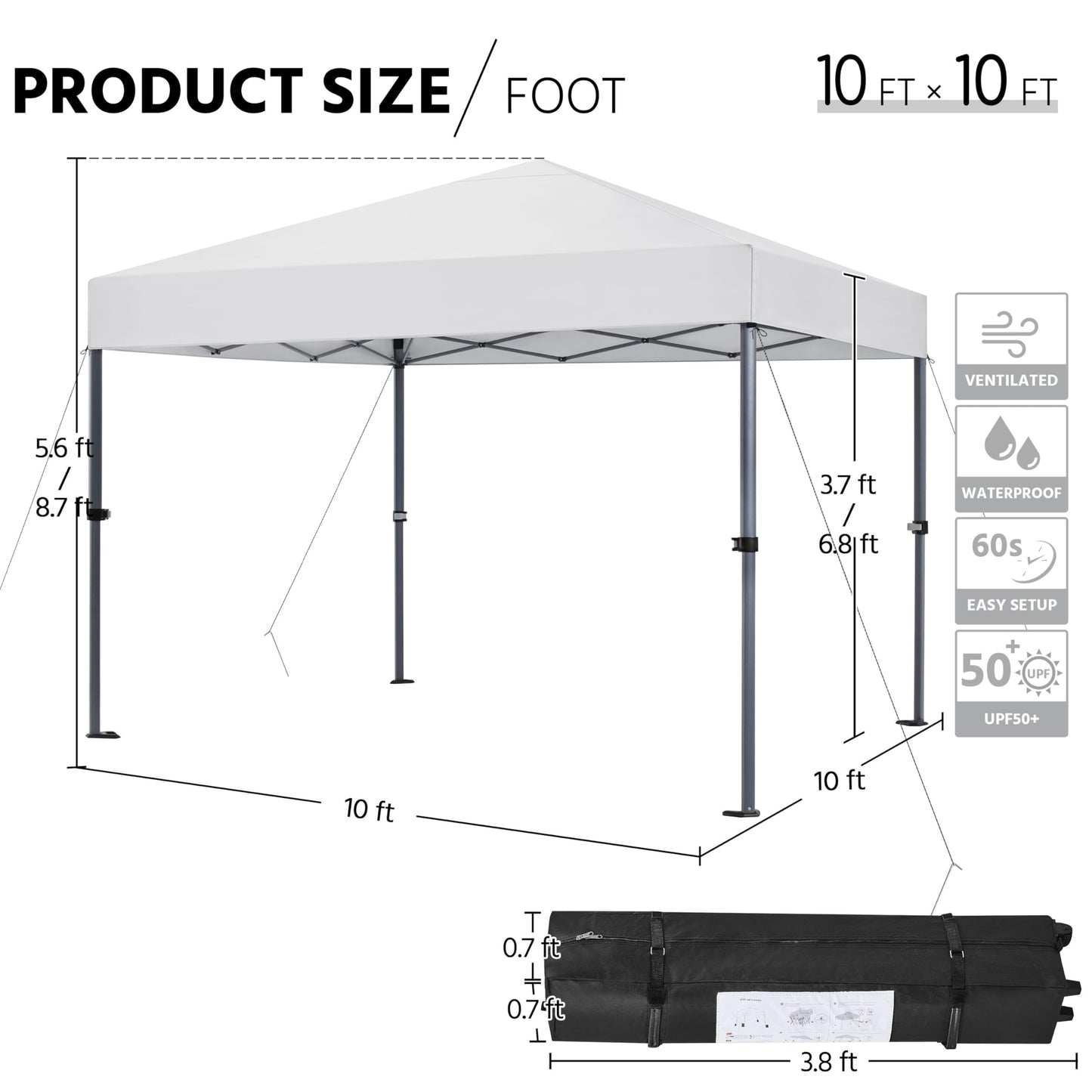 Yaheetech 10x10 1-Person Setup Pop Up Canopy Tent, Instant Portable Commercial Canopy Tent, Outdoor Gazebo with 1-Button Push, Wheeled Bag & 4 Sandbags for Home, Party & Outdoor, Silver-Coated White