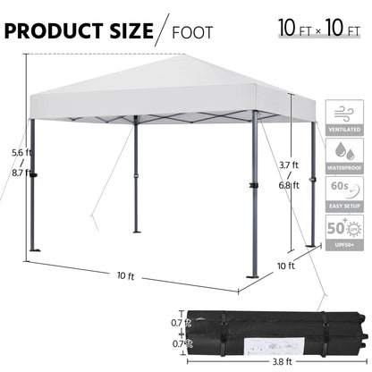 Yaheetech 10x10 1-Person Setup Pop Up Canopy Tent, Instant Portable Commercial Canopy Tent, Outdoor Gazebo with 1-Button Push, Wheeled Bag & 4 Sandbags for Home, Party & Outdoor, Silver-Coated White