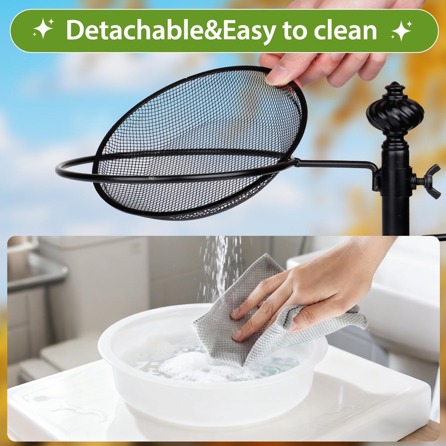 Deck Bird Feeders with Metal Tray and Water Bowl, BOLITE Balcony Bird Feeders Detachable Adjustable Heavy Duty Clamp Bracket, Attracting Birds, Black, Gifts for Women Men