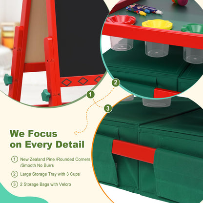 BBV Kids Wooden Easel with Paper Roll, Adjustable Magnetic Double Sided Drawing Board Whiteboard & Chalkboard Dry Easel Board, Children Art Easel for 3~12 Years Kids Boys Girls Painting Drawing（Red）