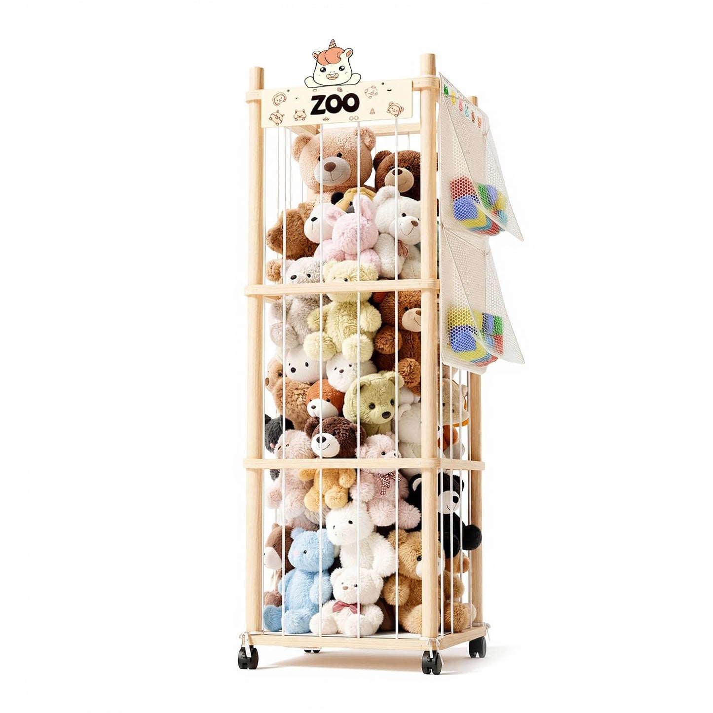 Nynicorny Stuffed Animal Storage Zoo Tower, Wooden Toy Organizer with Wheels, 56inch Large Cute Stuffy Holder & Plushie Storage Bag, Premium Wooden Material For Toddler Rooms, Playrooms & Bedrooms