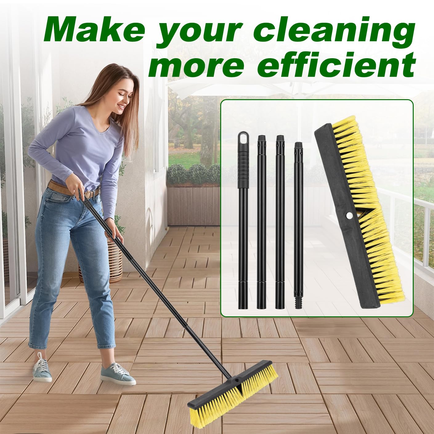 18 Inches Push Broom Outdoor- Heavy Duty Commercial Broom with 64.5" Long Handle and Stiff Bristles for Patio Garage Deck Concrete Wood Stone Tile Driveway Yard Warehouse Shop Floor Cleaning