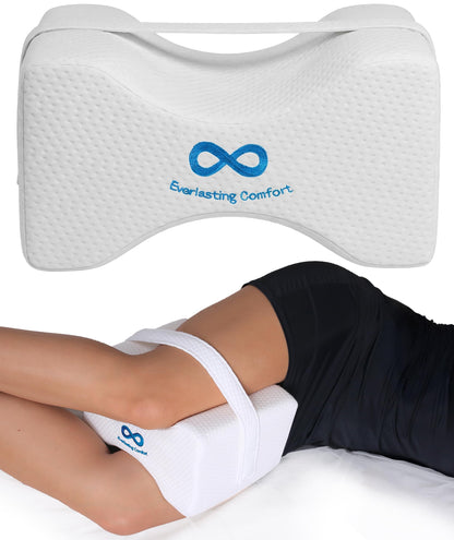 Everlasting Comfort Memory Foam Knee Pillow for Side Sleepers – Sciatica Pain Relief Pillow, Removable Strap Support – Leg Pillows for Sleeping Alignment, Knees, Back & Hip Cushion