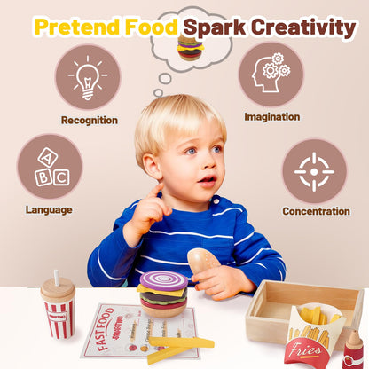 Smartwo Wooden Play Food for Kids Pretend Hamburger Set Fast Food Toy Play Kitchen Accessories for Toddlers Toy Food Gift for Boys Girls Educational Toys