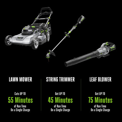 EGO POWER+ 56V Starter Collection 21" Cordless Push Lawn Mower LM2114 & 15" Powerload String Trimmer ST1511T & 615CFM Leaf Blower LB6151, (1) 4Ah (2) 2.5Ah Batteries and (3) Chargers Included