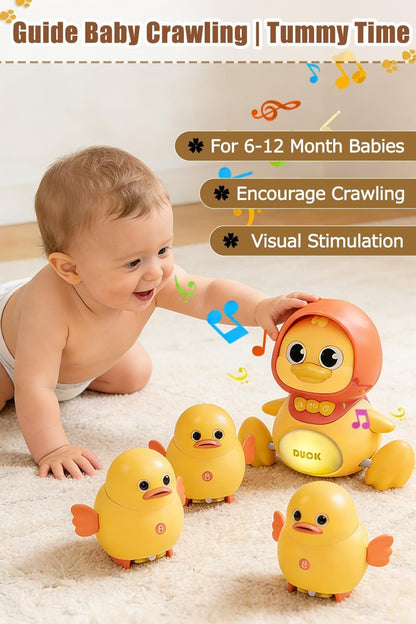 JUYEE Baby Crawling Toys Set of 4 - Magnetic Ducks Family for Infants 6-9-12 Months, Tummy Time Toys with Music & Lights, 1st Birthday Gift for Boys and Girls(4-Pack)