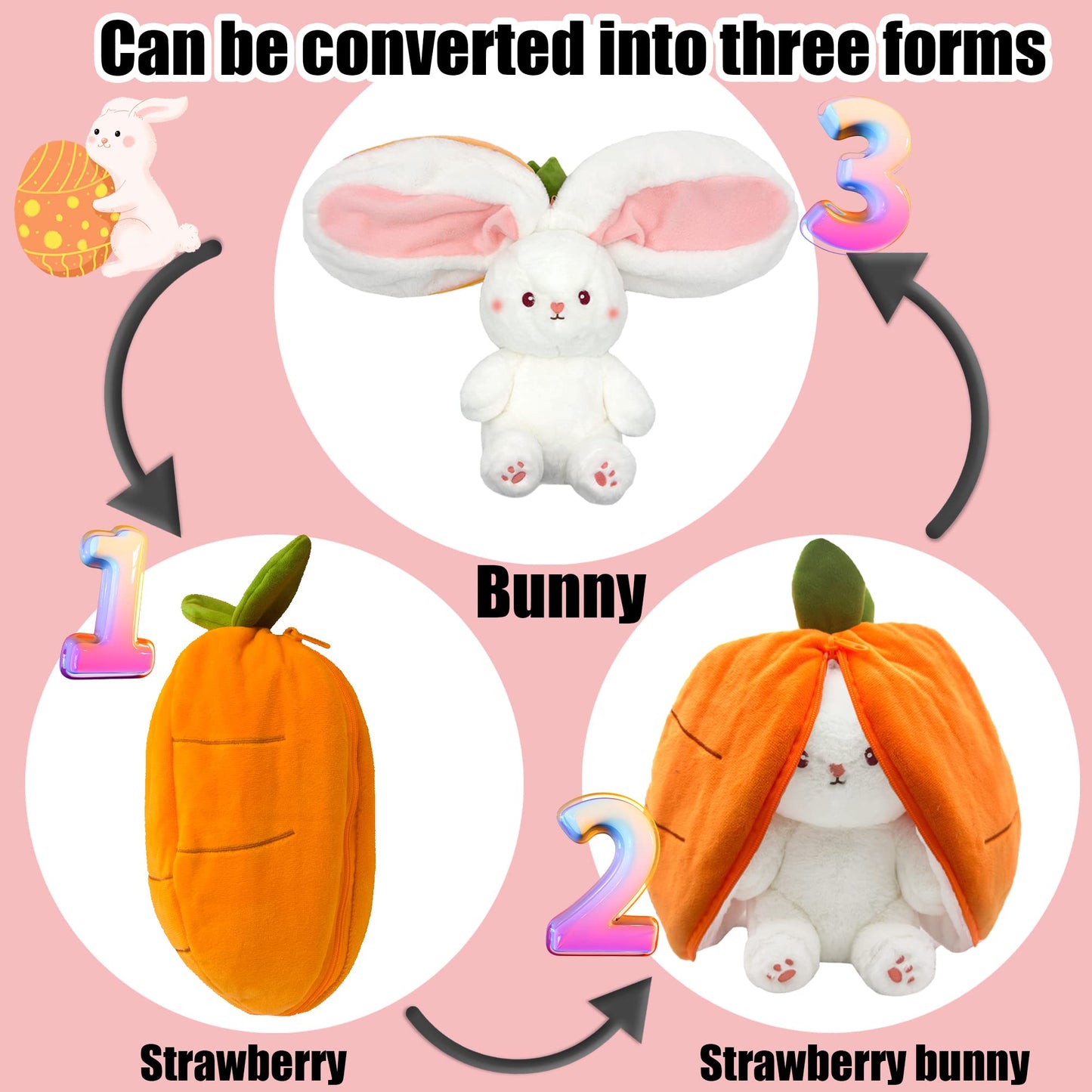 YOUBLEK Bunny Stuffed Animal,Carrot Reversible Cuddle Bunny Plush Doll with Zipper Cute Soft Rabbit Toys Pillow for Kids and Adults Easter Bunnies Plushies Gifts (Carrot, 7.09 inches)