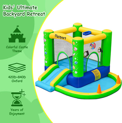 FBSPORT Inflatable Bounce House, Kids Bounce Castle Slide for Indoor Outdoor,Toddler Baby Jumper Bouncer, Kids Jumping Bouncy House with Blower, Ball Pit Pool, Basketball Hoop, Dart Game, Green