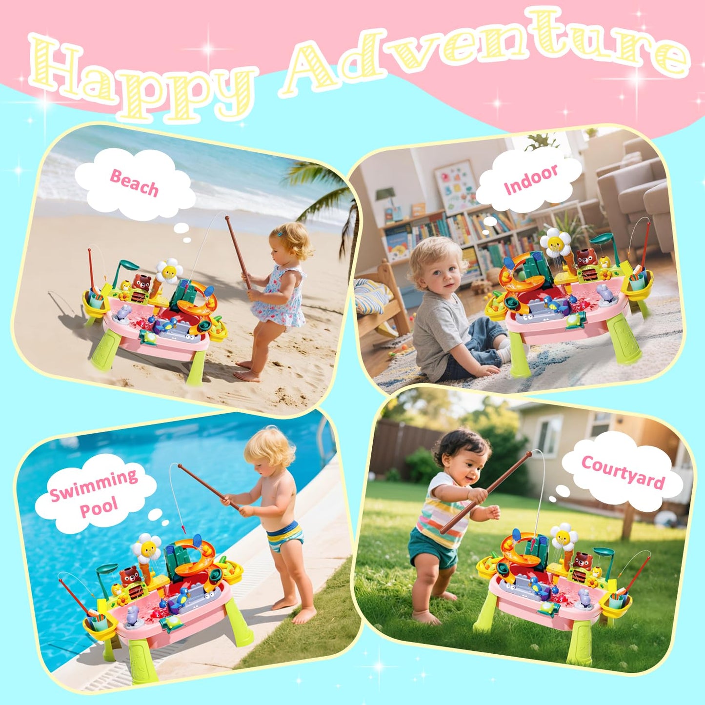 Water Table for Toddlers 1-3, Water Toys for Kids Ages 4-8, Play Sink with Electric Pump Kitchen Play Food Fishing Game, Summer Outdoor Toys Sand Activity Sensory Playset Girls Boys, Pink