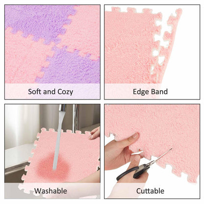 Flutesan 15 Pcs Winter Plush Puzzle Foam Floor Mat Interlocking Carpet Tiles Anti Slip Soft Warm Squares EVA Foam Crawling Rug for Play Floor Playroom Bedroom Nursery(Pink, Purple)