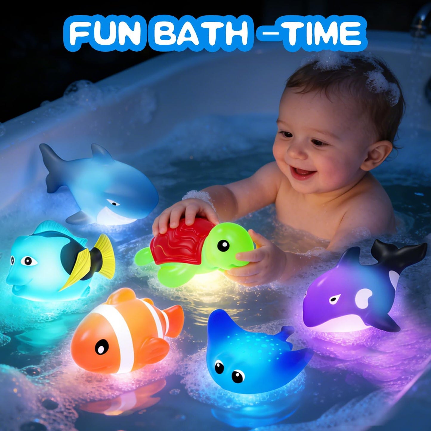 KODGEUSM Light Up Bath Toys,Mold Free No Hole Baby Bath Toys for Toddlers,Water-Activated Lights Flashes and Change Color Ocean Animal,Sensory Toys for Kids,Water Table,Bathtub,Shower,Pool