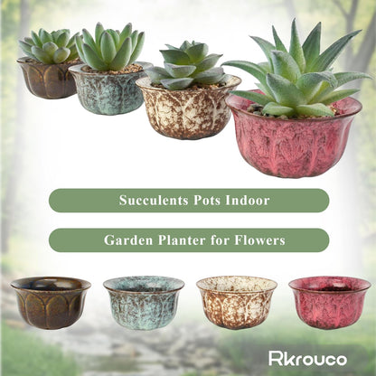 Rkrouco Ceramic Plants Pots 3 Inch Set of 4 Flower Pots with Drainage and Bamboo Tray for Indoor/Outdoor Small House Plants,Foliage Plant