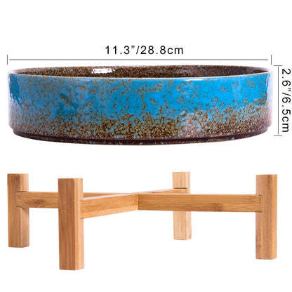 ARTKETTY Succulent Pots, 11 Inch Large Succulent Planters Pots with Drainage Ceramic Bonsai Pots with Bamboo Stand, Shallow Planters for Indoor/Outdoor Plants Modern Cactus Flower Plant Bowl (Blue)