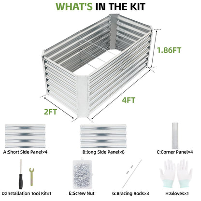 GoCampDirect 4x2x2ft (2 Pack) Raised Garden Bed - Galvanized Deep Root Planter Boxes Outdoor with Wing Nuts and Safety Edges for Gardening Vegetables, Flowers, Herbs, Succulents - Silver