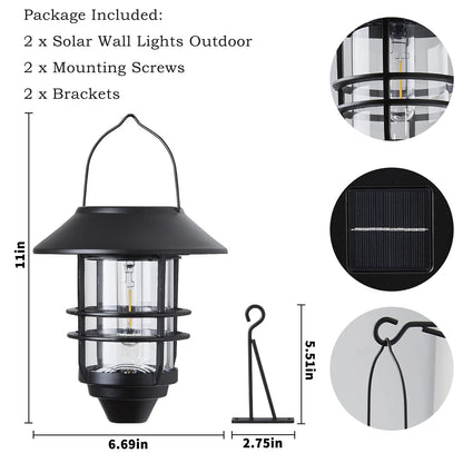 2 Pack Solar Lanterns Outdoor, Hanging Solar Lights for Outside Glass Metal with Wall Mount Bracket,Waterproof Auto Dusk to Dawn Garden Lantern for Fence Porch Decor- Warm White