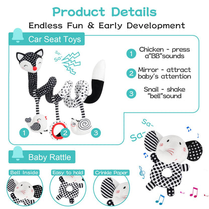 AJsupojouet High Contrast Black and White Baby Toys 3-Piece Newborn Essentials Set with Hanging Toys,Rattle Crib Mobile,baby Book & Car Seat Stroller Toys for 0-3-6-12 Months Infant Development