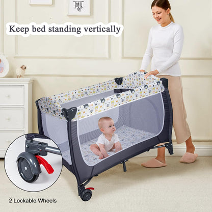 4 in 1 Pack and Play,Portable Nursery Center Baby Playard with Bassinet &Changing Table,Foldable Baby Crib Travel Playpen with Wheels,Removable Canopy with Toys,Storage Bag (Grey)
