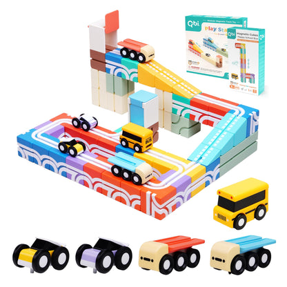 QBI STEM All-in-1 Toy Set with 5 Cars & 3D Tracks | Open Ended Educational Sensory Magnet Cubes | Montessori Toys, Magnetic Building Blocks for Boys & Girls (49 Pieces)