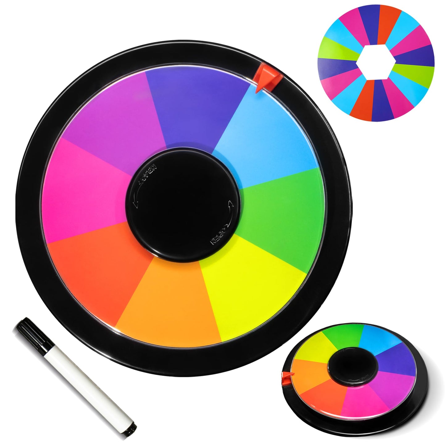 Novelty Place 10 Inch Spinning Prize Wheel - Tabletop Double Sided 8/16 Slot Spinner Card, Dry Erase Marker, Ideal for Family Gatherings, Fortune Games, Carnivals, Trade Show, and Promotional Events