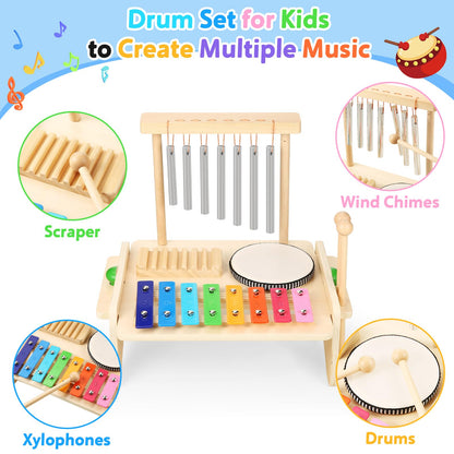 Kids Drum Set,Baby Musical Instrument for Toddler,Wooden Xylophone for Toddlers with Baby Drum Set and Wind Chime,Montessori Musical Instruments Toys for Kids,Musical Toys for Toddlers Birthday Gift