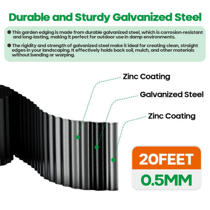 Camitlli Corrugated Metal Garden Edging,Sturdy Tall Landscape Edging Borders with 6pcs Anchor Stakes, Perfect DIY for Flower Beds, Lawn and Pathway,Tree Surrounds,Paver Edges (Black 8"×20FT)
