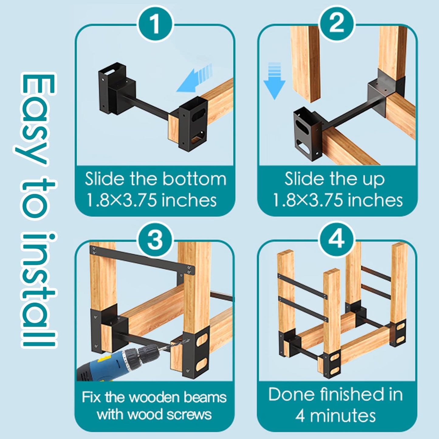 Eibikdi Firewood Rack Outdoor, Adjustable Length Wood Storage Brackets Kit, Log Stacking Stand Holder for Outdoor Indoor Fireplace, Wood Burning Fire Pits, Black, Set of 4