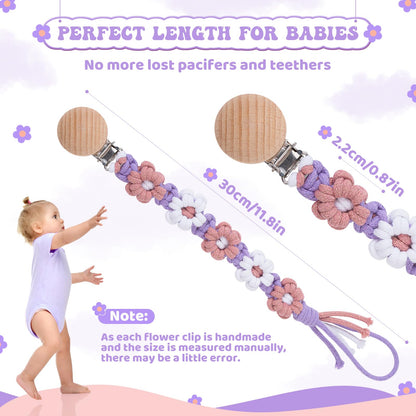 Symbolife Pacifier Clip for Boys Girls Floral Daisy Macrame Baby Paci Clip Pacifier Holder Leash Boho Wooden Clips Handmade Braided Cotton Binky Clips (2pack:Lavender Style × 2)