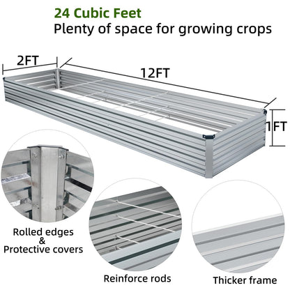 Meberam 2 Pack 12x2x1FT Galvanized Raised Garden Beds Kit Outdoor Metal Gardening Planter Box for Vegetable Elevated Flower Herbs,Silver