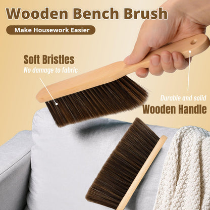 2 Pieces Woooden Dust Brush Hand Broom Bench Brush with Long Wood Handle Whisk Broom Soft Bristle Brush for Counter Bed Sofa Car Fireplace Clothes Household Cleaning
