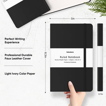 Huhuhero Notebooks Journal, Ruled Notebook, Premium Thick Paper Lined Journal, Black Hardcover Notebook for Office Home School Business Writing Note Taking Journaling, 5"×8.25" (12, Black)