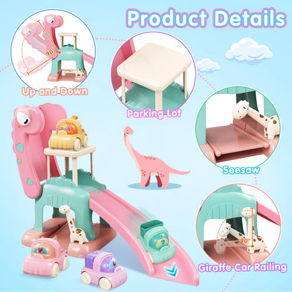 CRATIVWOOD Dinosaur Car Ramp Slide Toy for Toddlers — 4 Push Cars with Race Track, Baby Slide Indoor Toy, Montessori Learning Birthday Gift for Boys Girls 1 2 3 Year Old (Pink)