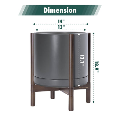 D'vine Dev Ceramic Planter with Walnut Color Stand - 14 Inch Modern Round Flower Pot with Wood Planter Holder, Grey, 55-B-T-3