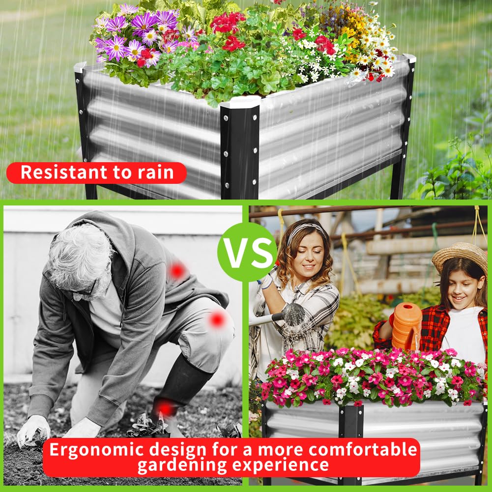 Megawodar Elevated Metal Raised Garden Bed, Large Outdoor Metal Planter Box Big Flower Plant Pot for Planting Flowers Vegetables and Herbs (Silver, Small)