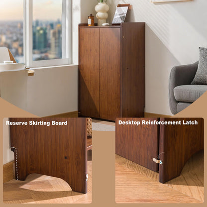 OXBZKMY Bamboo Folding Desk with Storage Shelves, Space Saving Mid Century Modern Bookcase with Drop Down Table, Hide Away Desk for Home Bedroom Study Office