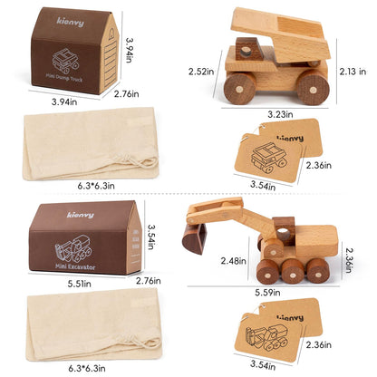 kienvy Wooden Toy Cars for 3 Year Old Boys & Girls - Construction Vehicles Set Push Toys for Toddlers, Wood Montessori Car with Rolling Wheels, Natural Wood Toys (Excavator & Dump Truck)